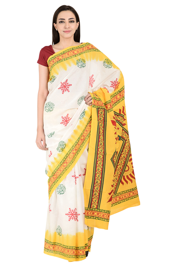 White-Green and Yellow Cotton Block Print Kalamkari Saree-20153